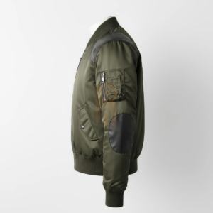 MA-1 bomber jacket for men made from 100% polyester with calfskin leather detailing, zipper closure, stand collar, regular fit, windproof and breathable design for casual and streetwear.