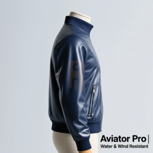 Men’s Aviator Jacket in polyester-spandex blend, lightweight, windproof and waterproof, with zipper closure and functional pockets.