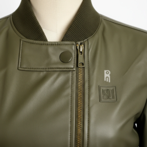 Women’s Bomber Jacket in PU shell with cotton lining, lightweight, vintage-inspired raised rubber print, and full-length sleeves.