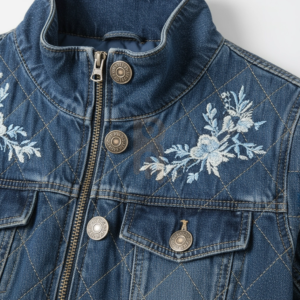 Women’s denim jacket with turtleneck collar, zip closure, quilted lining, and fine embroidered details for stylish streetwear.