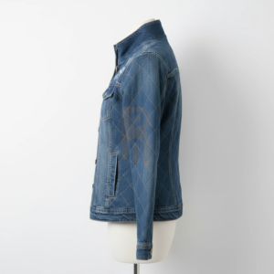 Women’s denim jacket with turtleneck collar, zip closure, quilted lining, and fine embroidered details for stylish streetwear.