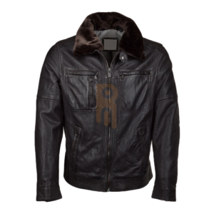 Men's dark brown leather jacket with brown fur collar and multiple zipper pockets.