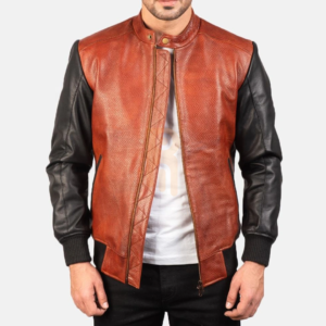 Men's two-tone leather jacket with textured brown body and black sleeves.