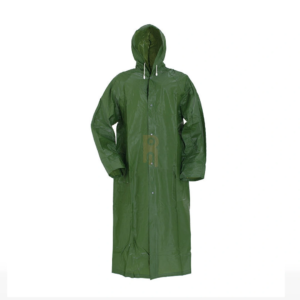 Green PVC raincoat with hood and snap buttons.
