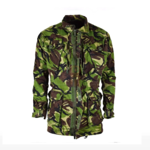 Men's woodland camouflage parka jacket with four front pockets.