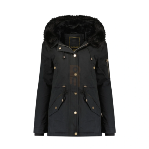 Women's black winter parka jacket with fur-lined hood and gold buttons.
