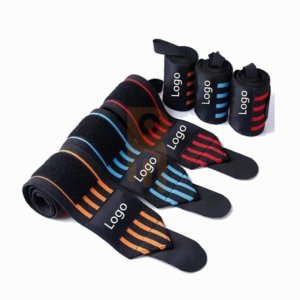 Three pairs of black weightlifting wrist wraps with orange, blue, and red stripes and custom logo area.