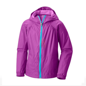 Girls' purple waterproof rain jacket with teal zipper and hood.