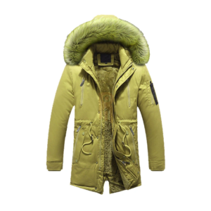 Men's olive green winter parka with sherpa lining and fur hood.