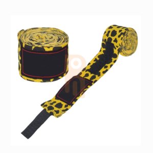Yellow leopard print boxing hand wraps with black velcro closure and thumb loop.