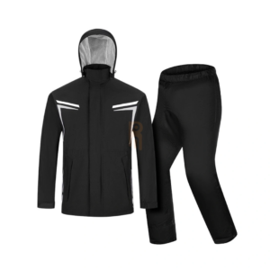 Unisex black motorcycle rain suit with white reflective stripes and pants.