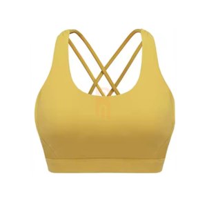 Yellow high-support sports bra with strappy criss-cross back design.