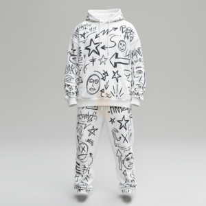 Men's white heavyweight tracksuit with black all-over doodle graffiti print.
