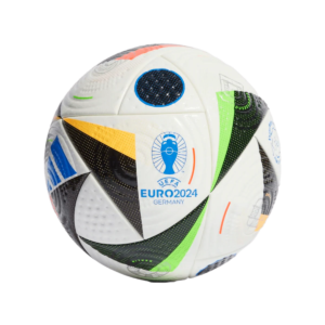Adidas Euro 2024 Fussballliebe Pro Match Ball with colorful triangular patterns and city names.
