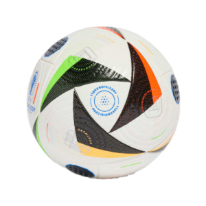 Adidas Euro 2024 Fussballliebe Pro Match Ball with colorful triangular patterns and city names.