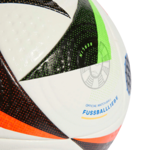 Adidas Euro 2024 Fussballliebe Pro Match Ball with colorful triangular patterns and city names.
