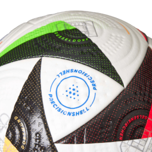 Adidas Euro 2024 Fussballliebe Pro Match Ball with colorful triangular patterns and city names.