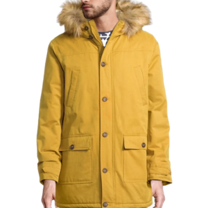 Men's mustard yellow winter parka with faux fur hood and button pockets.