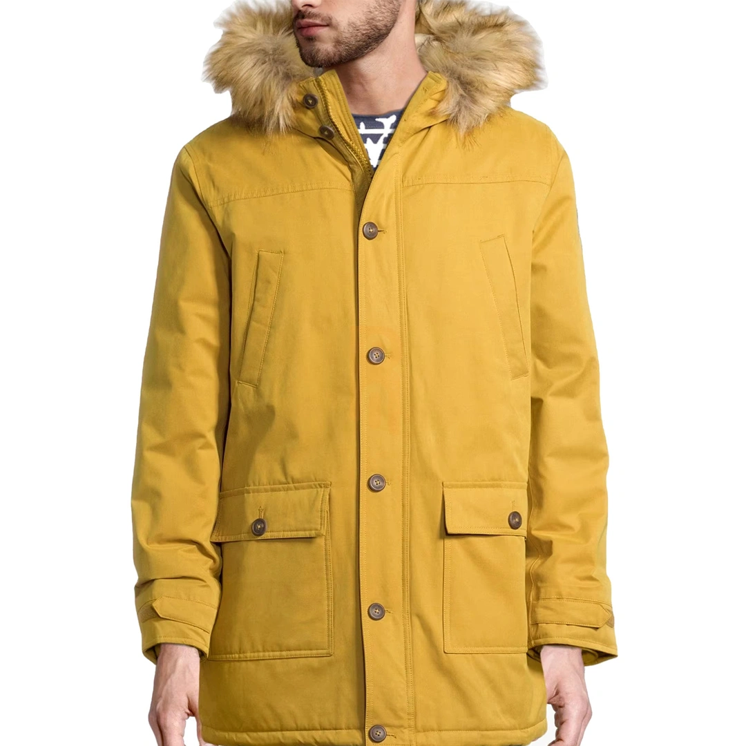 Men's Yellow Parka Men's mustard yellow winter parka with faux fur hood and button pockets.