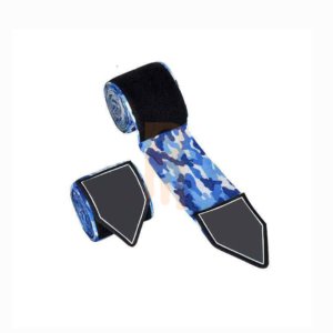 Blue camouflage cotton boxing hand wraps with diamond-shaped velcro closure.