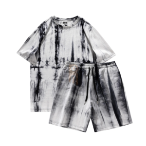 Men's white and black tie-dye t-shirt and shorts set.