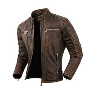 Men's distressed brown leather biker jacket with quilted shoulders and zipper pockets.