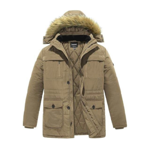 Khaki winter parka jacket with diamond quilted lining and faux fur hood.