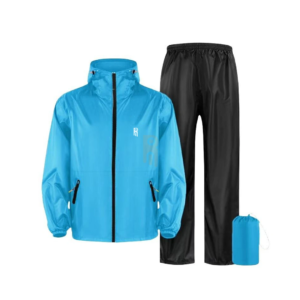 Men's blue waterproof rain jacket and black pants set with storage pouch.