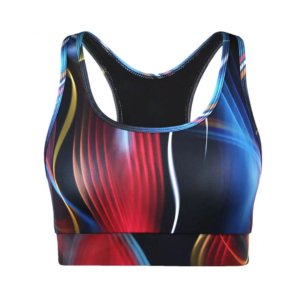 Women's black sports bra with abstract red, blue, and yellow digital print.
