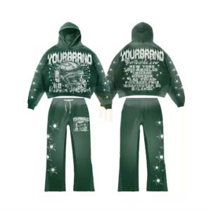 Men's green acid wash streetwear tracksuit with football helmet graphic and tour dates.