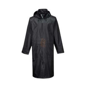 Men's long black waterproof raincoat with hood and zipper.