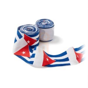 Cuban flag print boxing hand wraps with blue and white stripes and red triangle.