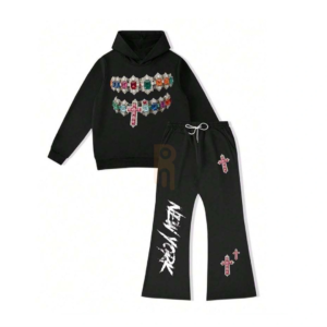 Men's black tracksuit with jewelry chain graphics and New York text.