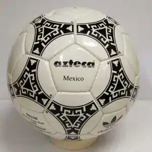 Adidas Azteca Mexico 1986 soccer ball with black Aztec patterns on white leather.