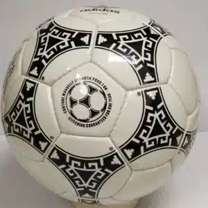Adidas Azteca Mexico 1986 soccer ball with black Aztec patterns on white leather.