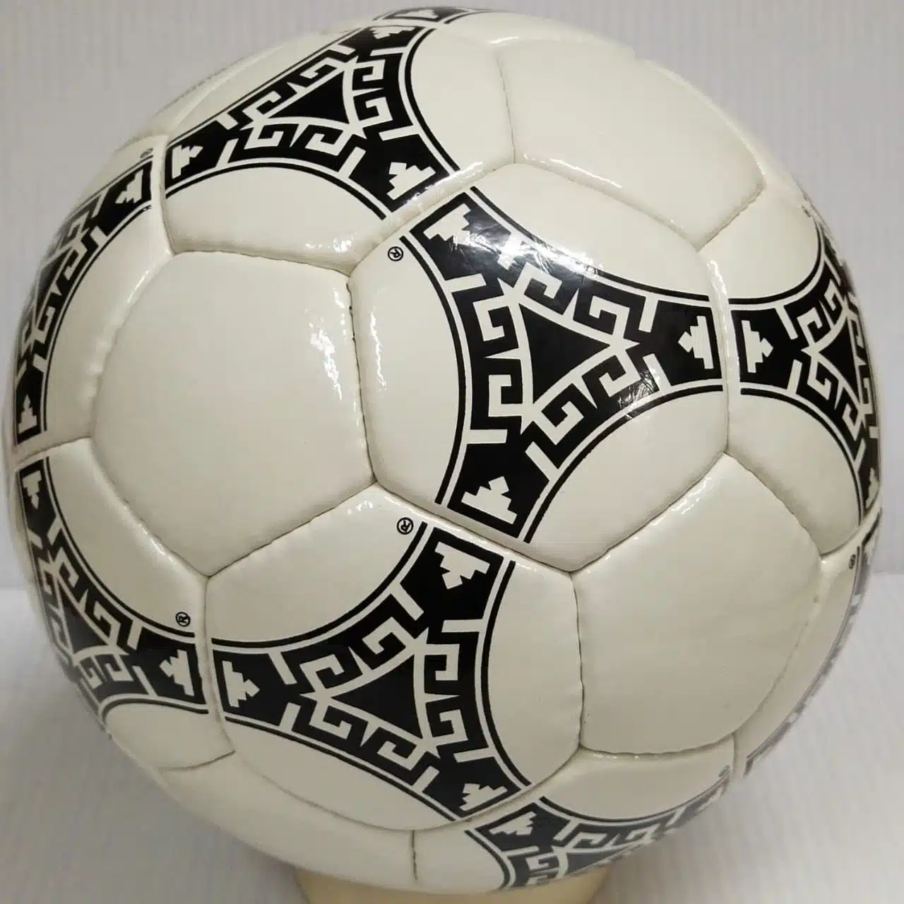 Adidas Azteca 1986 Adidas Azteca Mexico 1986 soccer ball with black Aztec patterns on white leather.
