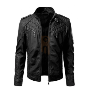 Men's black leather biker jacket with ribbed shoulder panels and four zipper pockets.