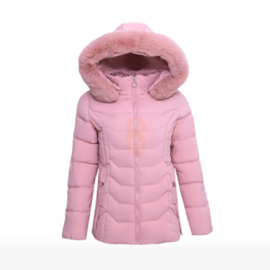 Women's pastel pink puffer jacket with chevron quilting and faux fur hood.
