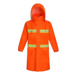 Orange red long raincoat with reflective safety strips and hood.