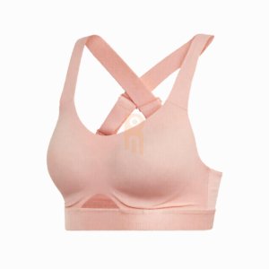 Pink women's high-support sports bra with front cutout and cross-back straps.