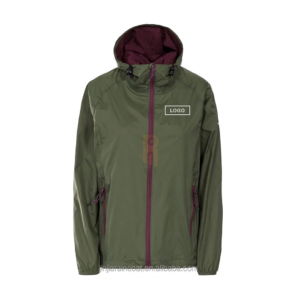 Olive green waterproof rain jacket with purple zipper and hood lining.