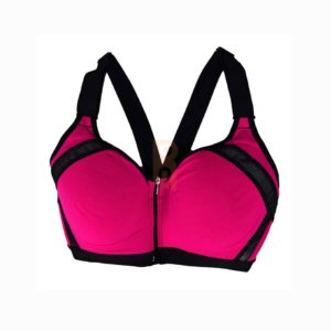 Magenta pink women's front-zip sports bra with black straps and mesh panels.