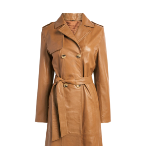 Women's tan leather trench coat with belt and double-breasted buttons.