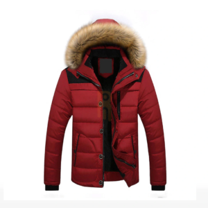 Men's red hooded puffer jacket with black shoulder panels and fur trim.