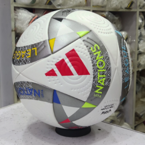 Adidas UEFA Nations League 2024 Pro match ball replica with silver panels and colorful text.