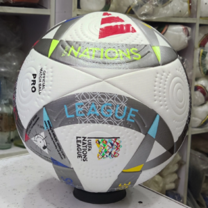 Adidas UEFA Nations League 2024 Pro match ball replica with silver panels and colorful text.