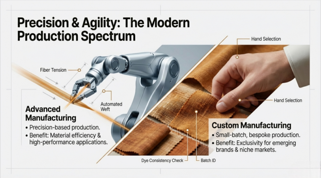 An infographic titled "Precision & Agility: The Modern Production Spectrum" contrasting two manufacturing approaches. The left side, "Advanced Manufacturing," shows a robotic arm manipulating a fiber. The right side, "Custom Manufacturing," shows a human hand selecting fabric swatches.