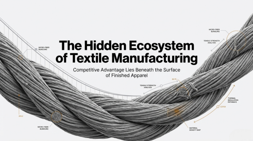 A diagram showing a close-up of a twisted rope made of microscopic fibers, with the title "The Hidden Ecosystem of Textile Manufacturing." Orange labels and lines point to various internal features like "MICRO-FIBER BUNDLING," "TENSILE STRENGTH ANALYSIS," "THERMAL REGULATION PATHWAYS," and "MATERIAL DENSITY MAP," with accompanying data.