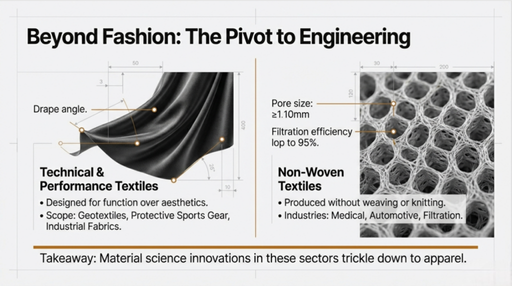 A presentation slide titled "Beyond Fashion: The Pivot to Engineering" comparing two categories: "Technical & Performance Textiles" (illustrated with a draping diagram and angles) and "Non-Woven Textiles" (illustrated with a microscopic close-up of a porous structure). A bottom bar reads, "Takeaway: Material science innovations in these sectors trickle down to apparel."