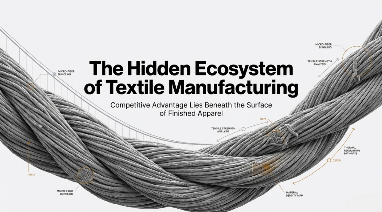 A diagram showing a close-up of a twisted rope made of microscopic fibers, with the title "The Hidden Ecosystem of Textile Manufacturing." Orange labels and lines point to various internal features like "MICRO-FIBER BUNDLING," "TENSILE STRENGTH ANALYSIS," "THERMAL REGULATION PATHWAYS," and "MATERIAL DENSITY MAP," with accompanying data.